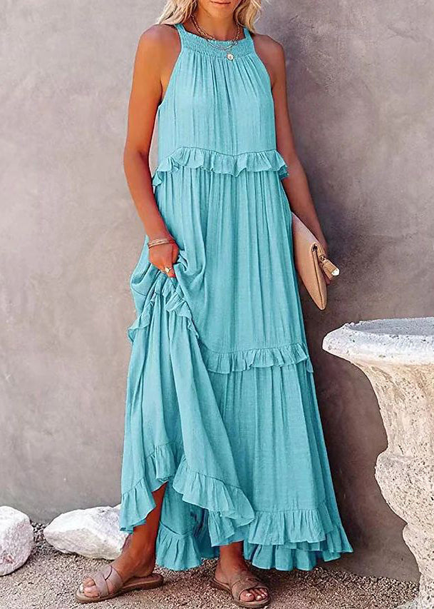 New Pink Ruffled Lace Up Cotton Long Dresses Sleeveless