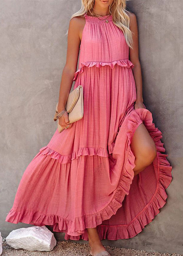 New Pink Ruffled Lace Up Cotton Long Dresses Sleeveless