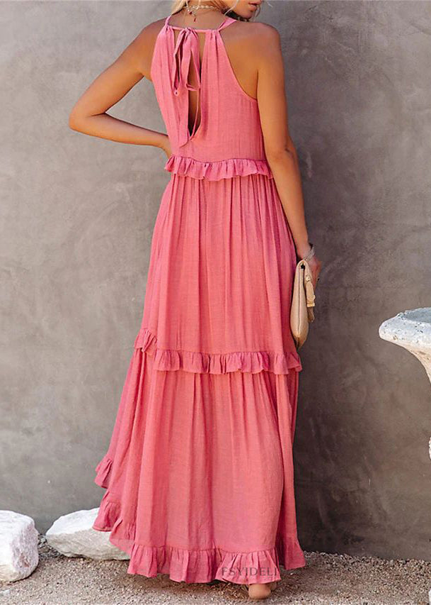 New Pink Ruffled Lace Up Cotton Long Dresses Sleeveless