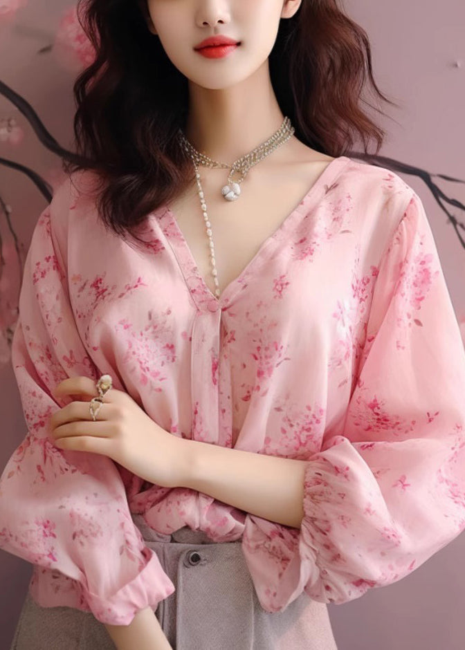 New Pink V Neck Print Chiffon Shirt Long Sleeve