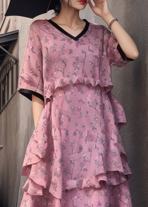 New Pink V Neck Ruffled Print Cotton Dress Short Sleeve