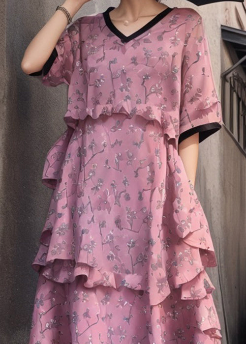 New Pink V Neck Ruffled Print Cotton Dress Short Sleeve