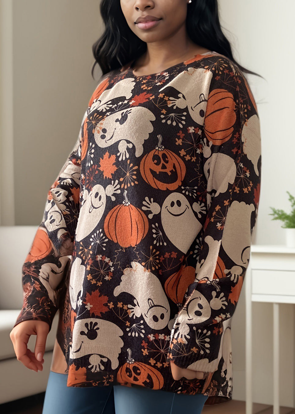 New Print O Neck Knitting Cotton Sweater Long Sleeve