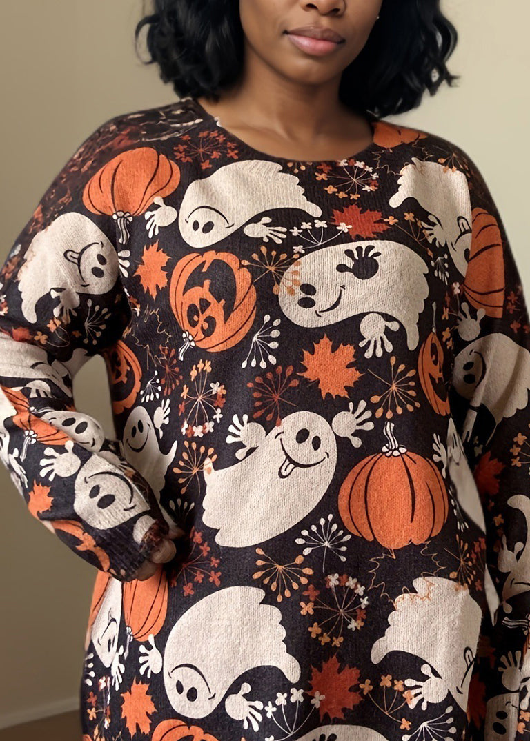 New Print O Neck Knitting Cotton Sweater Long Sleeve