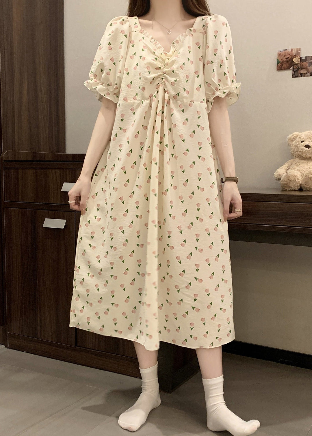 New Print Wrinkled Cotton Pajamas Long Dress Butterfly Sleeve