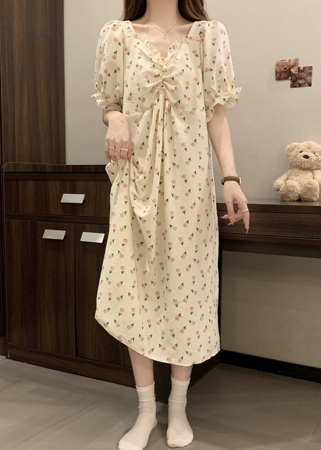 New Print Wrinkled Cotton Pajamas Long Dress Butterfly Sleeve