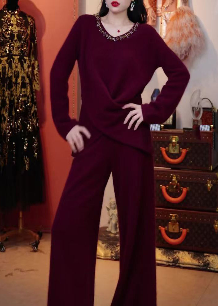 New Purple O Neck Sweaters And Pants Knit Two Pieces Set Winter