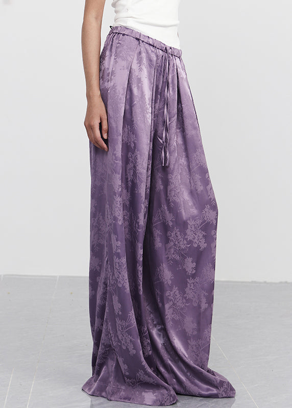 New Purple Print Lace Up Elastic Waist Silk Wide Leg Pants Spring