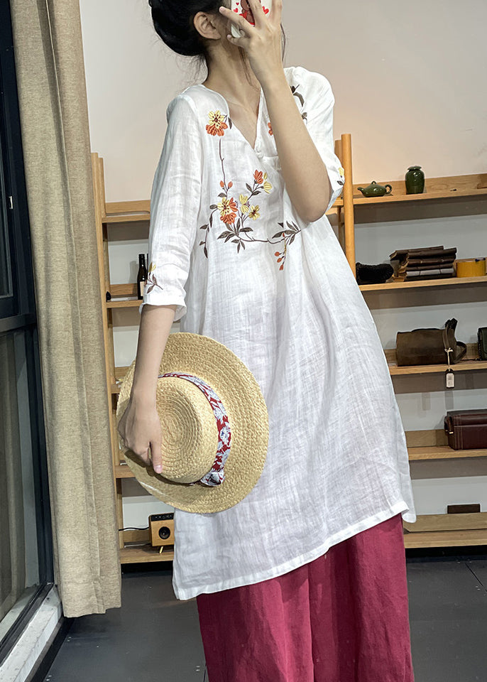 New Purple V Neck Embroidered Linen Dress Half Sleeve