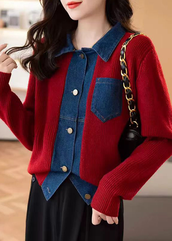 New Red Button Pockets Patchwork Knit Coat Spring