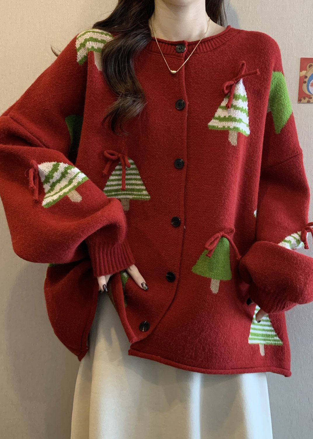 New Red Christmas Tree Bow Button Knit Cardigan Winter