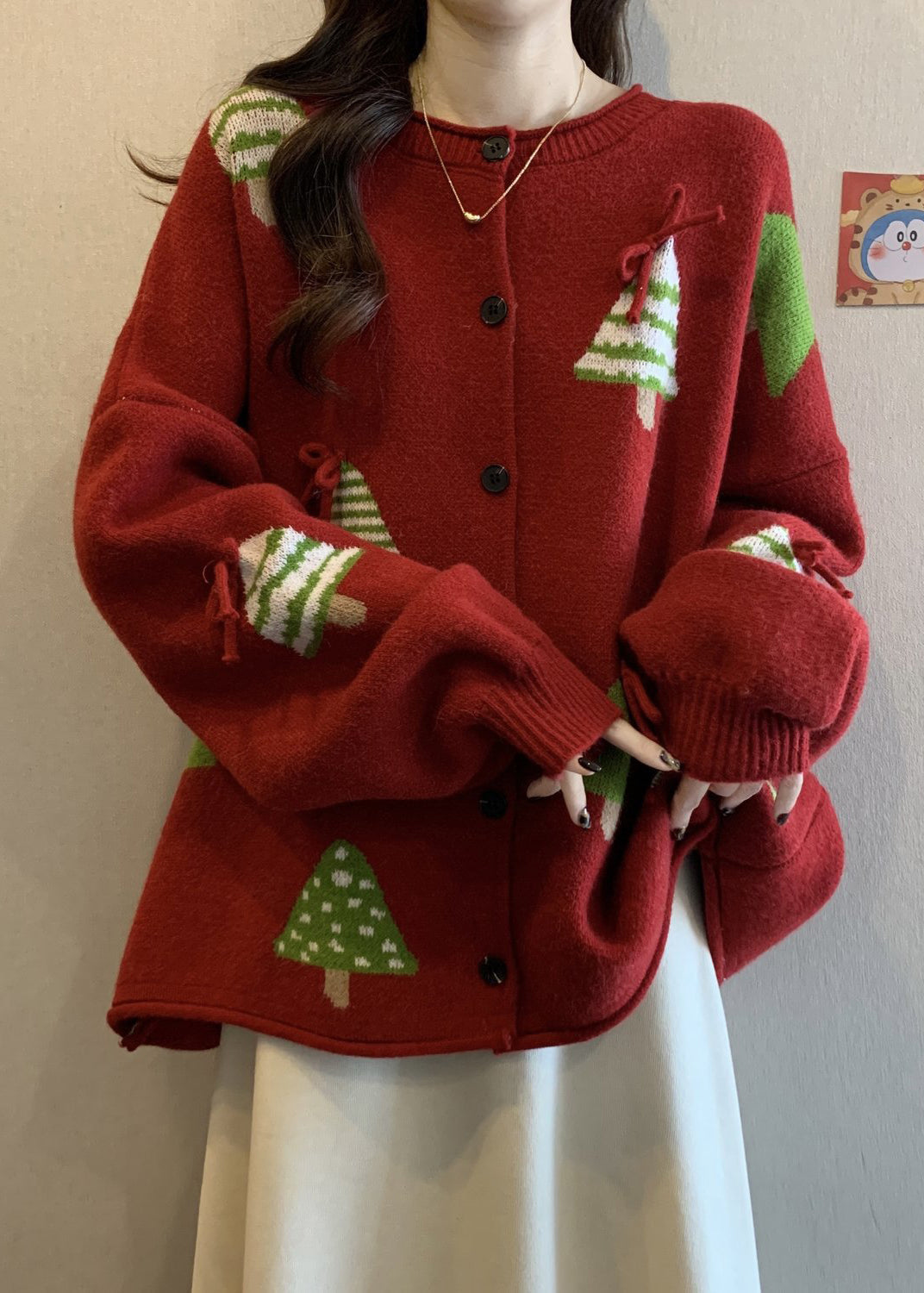 New Red Christmas Tree Bow Button Knit Cardigan Winter