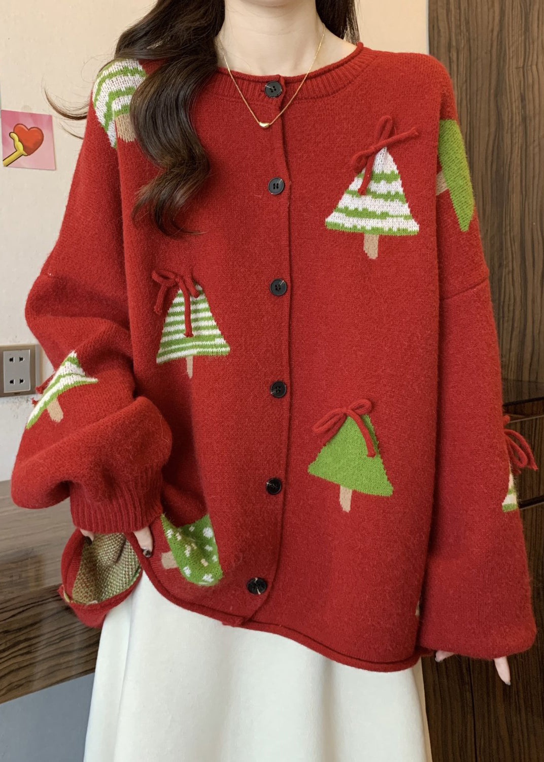 New Red Christmas Tree Bow Button Knit Cardigan Winter