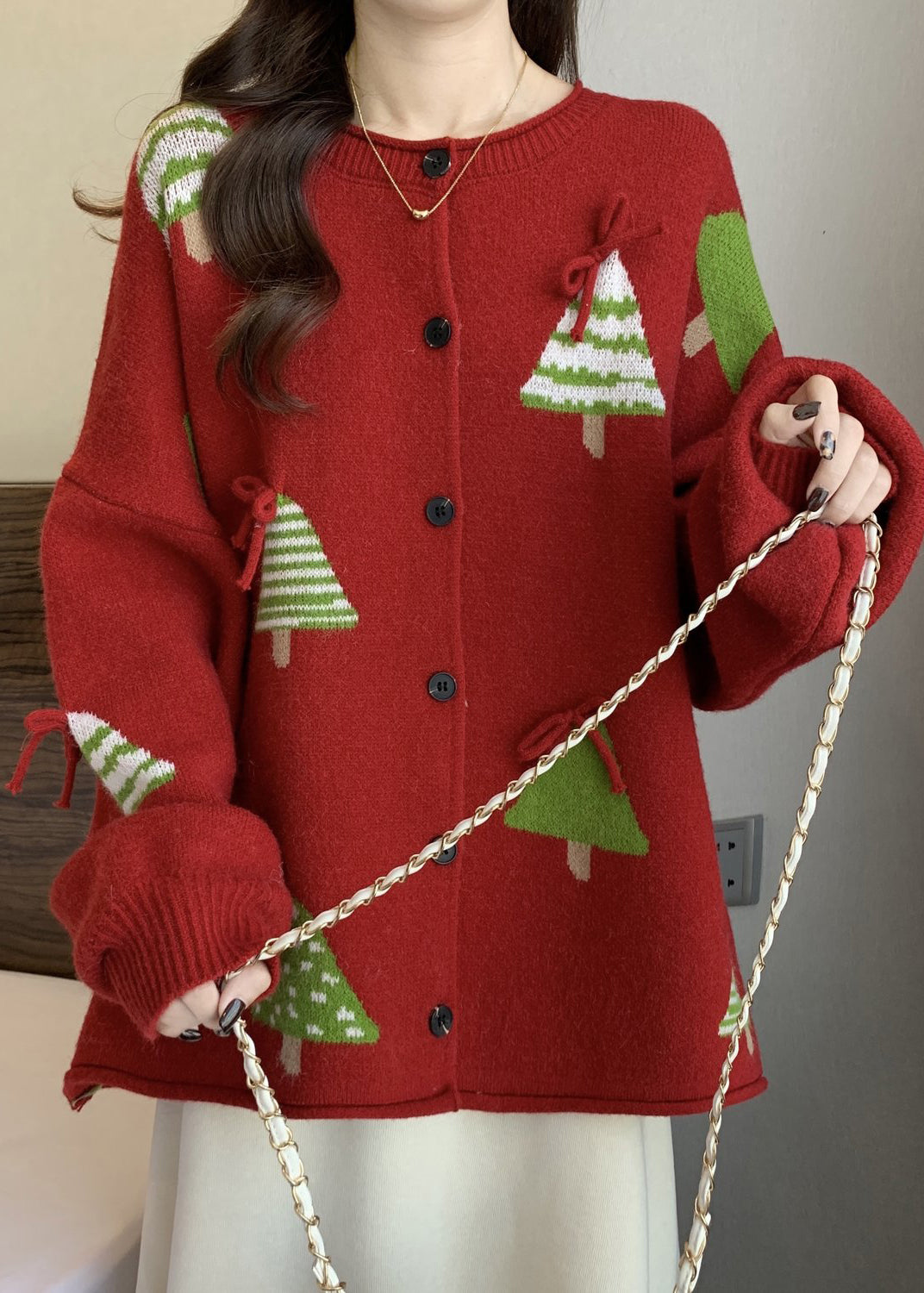 New Red Christmas Tree Bow Button Knit Cardigan Winter