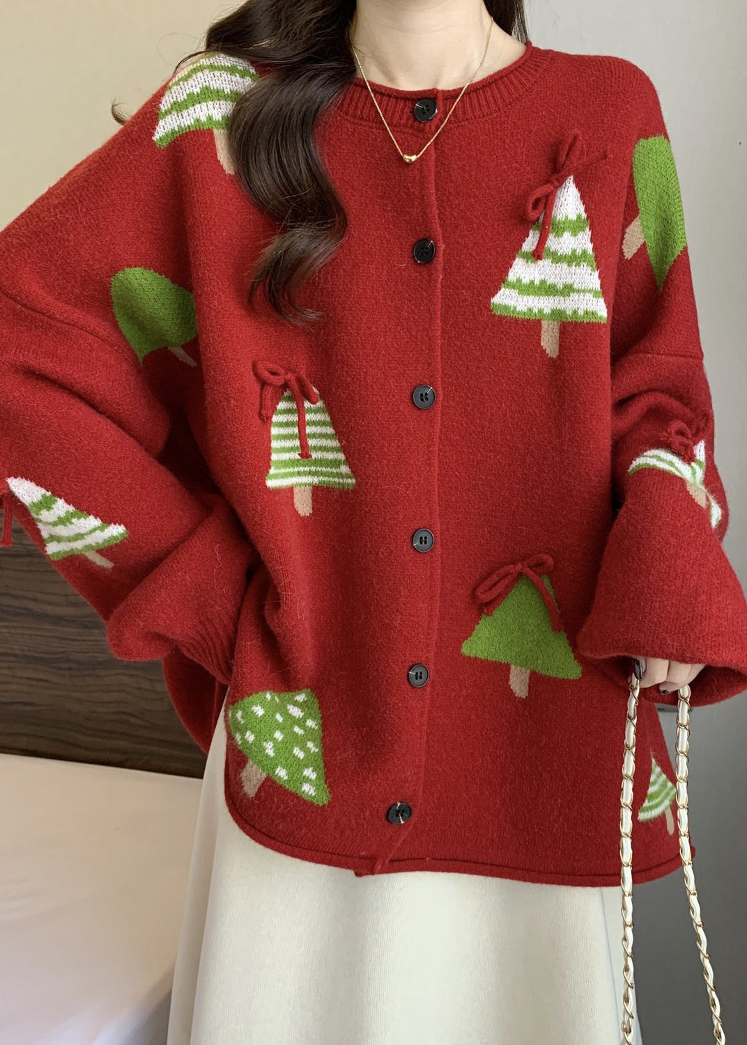 New Red Christmas Tree Bow Button Knit Cardigan Winter