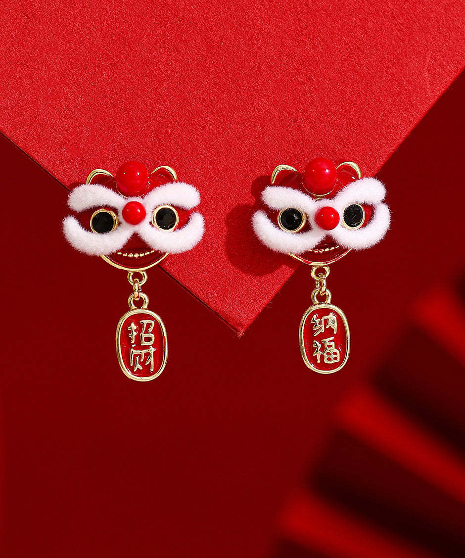 New Red Copper 14K Gold 14K Gold Lion Dance Drop Earrings