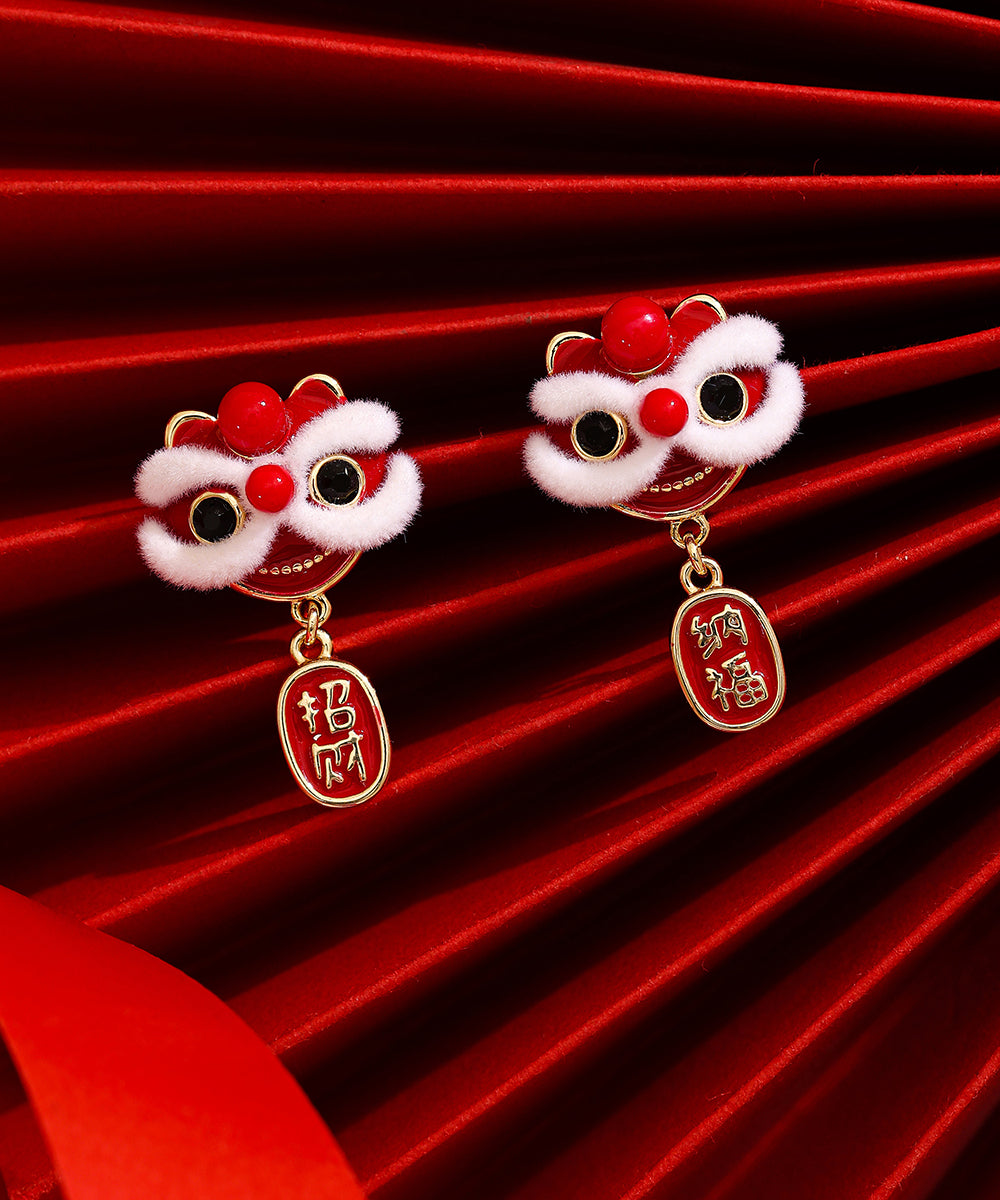 New Red Copper 14K Gold 14K Gold Lion Dance Drop Earrings