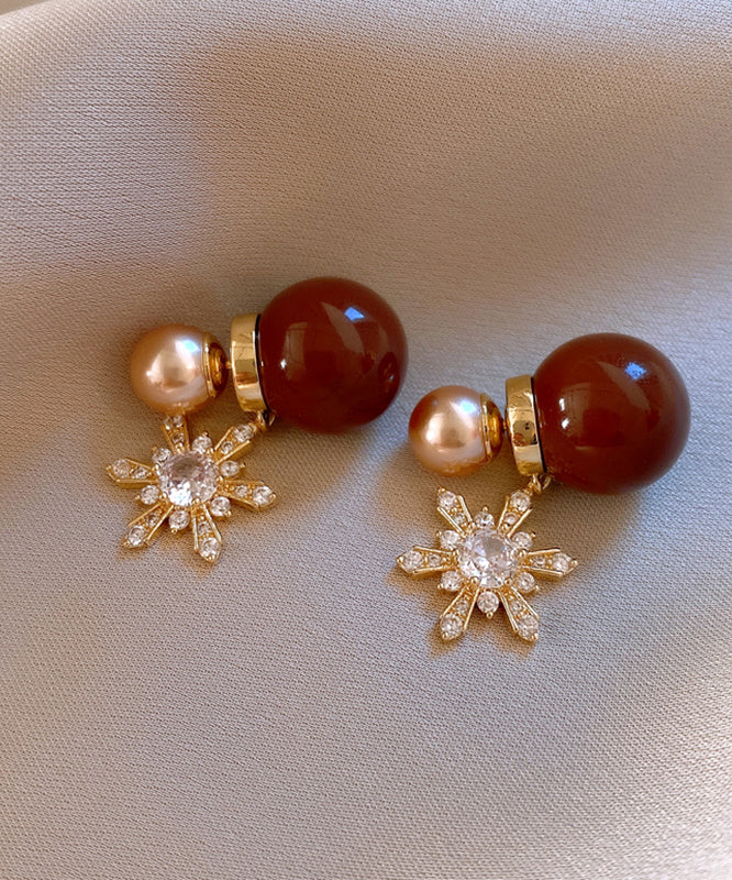 New Red Copper Zircon Pearl Snowflake Stud Earrings