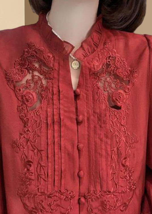 New Red Embroidered Ruffled Button Cotton Shirt Long Sleeve