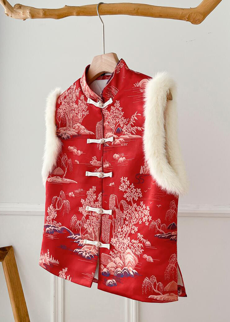 New Red Fluffy Print Patchwork Thick Waistcoat Sleeveless