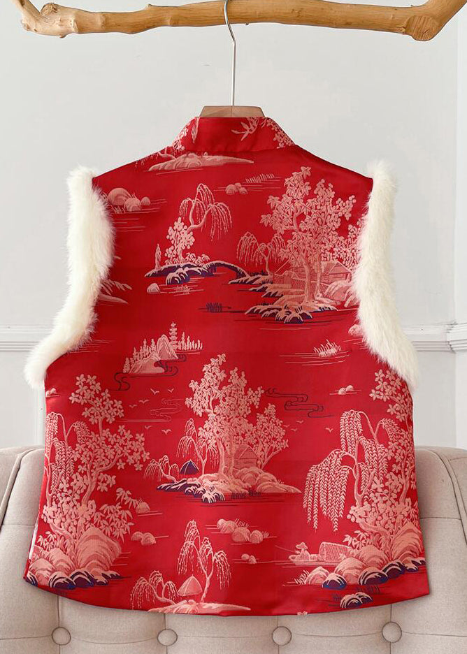 New Red Fluffy Print Patchwork Thick Waistcoat Sleeveless