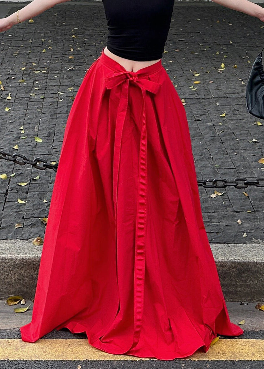 New Red Lace Up High Waist Cotton Maxi Skirts Summer