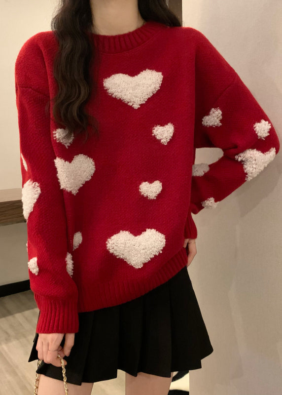 New Red O Neck Heart Jacquard Thick Knit Sweaters Winter