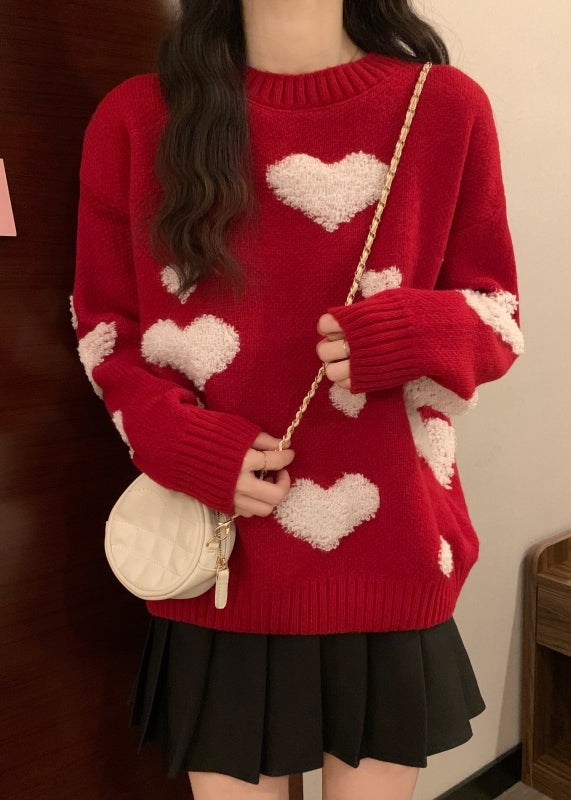 New Red O Neck Heart Jacquard Thick Knit Sweaters Winter