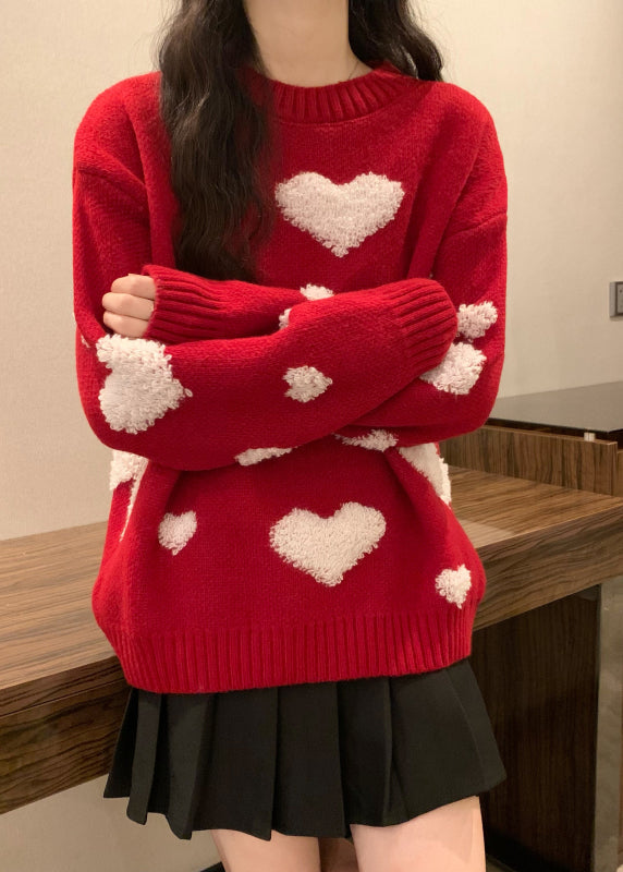 New Red O Neck Heart Jacquard Thick Knit Sweaters Winter