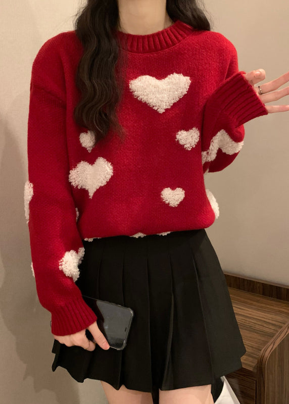 New Red O Neck Heart Jacquard Thick Knit Sweaters Winter