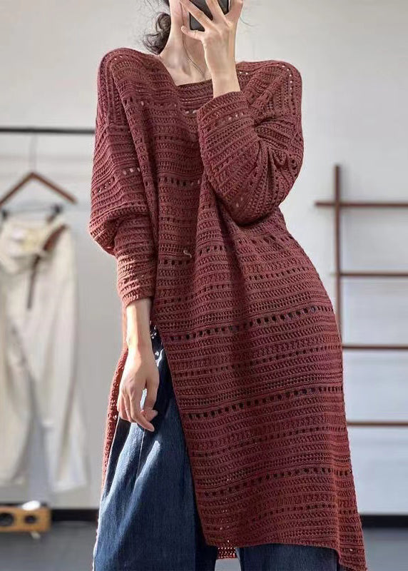 New Red O Neck Hollow Out Side Open Knit Dress Fall