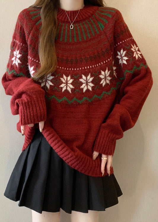 New Red O Neck Jacquard Thick Knit Sweaters Winter