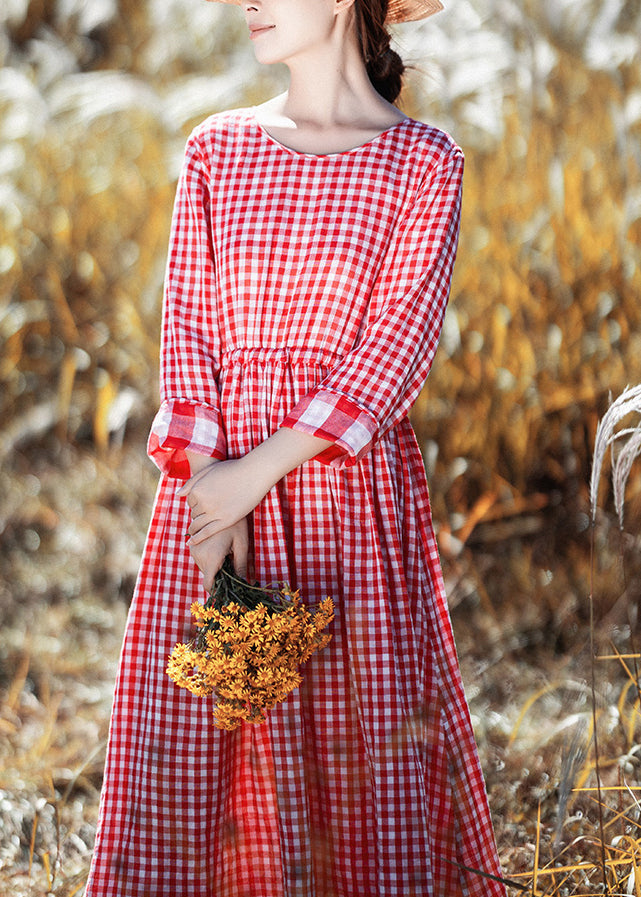 New Red O Neck Plaid Cinched Cotton Long Dresses Fall