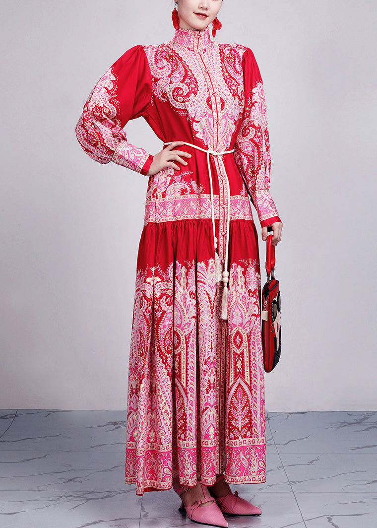 New Red Print Tie Waist Cotton Long Dresses Long Sleeve