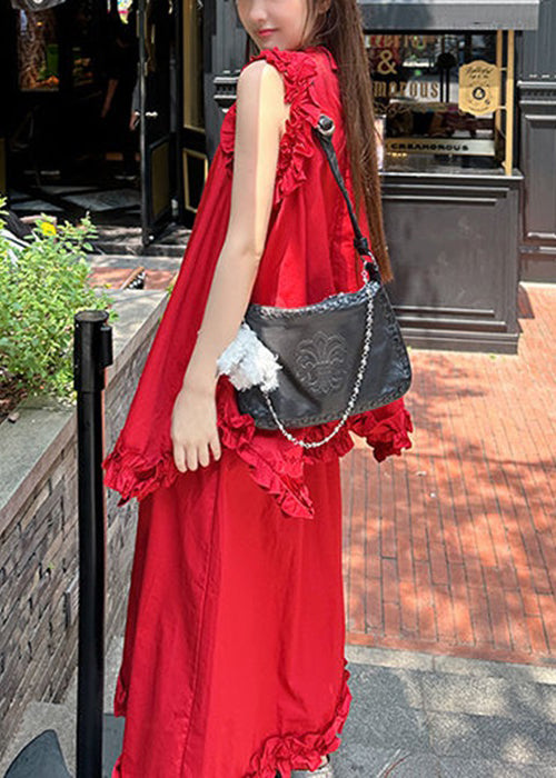 New Red Ruffled Tops And Skirts Cotton Two Piece Set Sleeveless