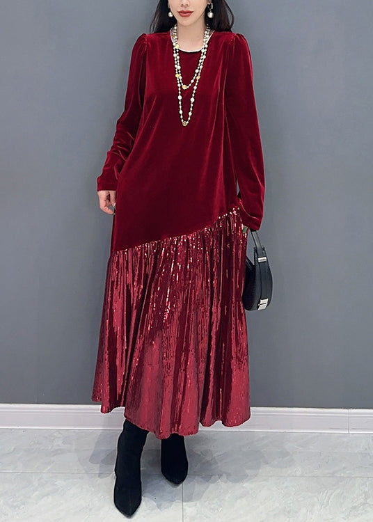 New Red Solid Patchwork Silk Velvet Long Dress Long Sleeve