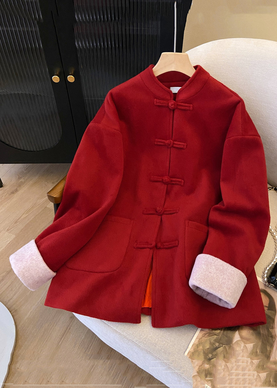 New Red Stand Collar Button Pockets Thick Woolen Coats Winter