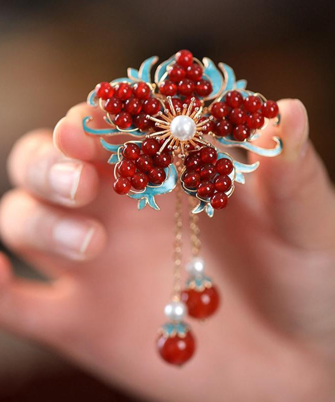 New Red Sterling Silver Overgild Pearl Crystal Tassel Brooches