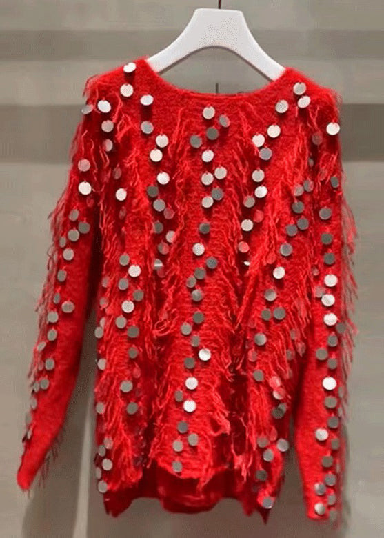 New Red Tasseled Sequins Knit Sweaters Winter