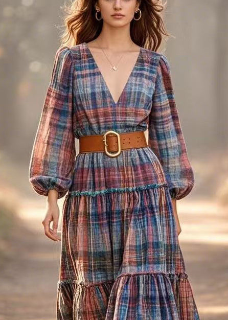 New Retro Cinched Plaid Linen Long Dress Spring