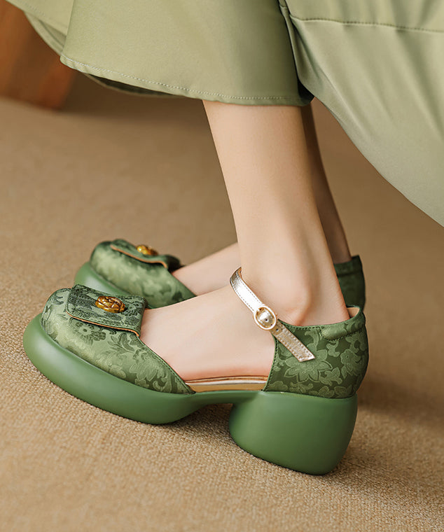 New Retro Green Embossed Buckle Strap Chunky Sandals