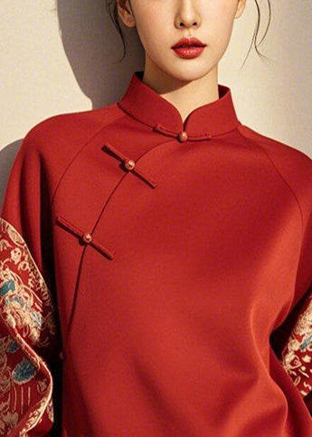 New Retro Red Chinese Button Patchwork Cotton Pullover Sweatshirt Spring