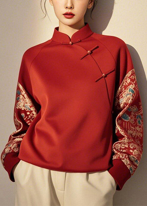 New Retro Red Chinese Button Patchwork Cotton Pullover Sweatshirt Spring