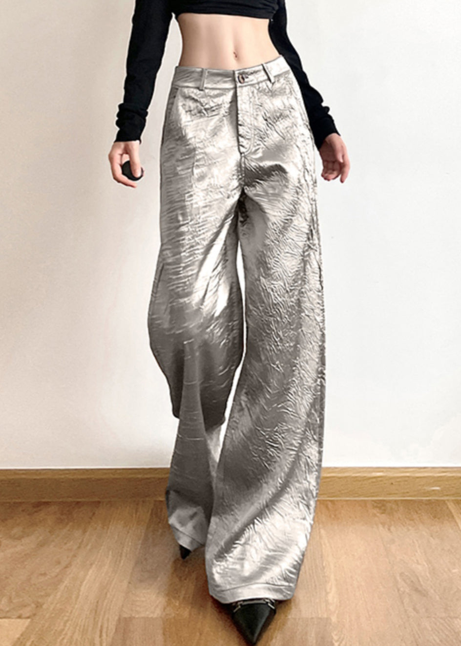 New Silver Pockets High Waist Wide Leg Pants Summer