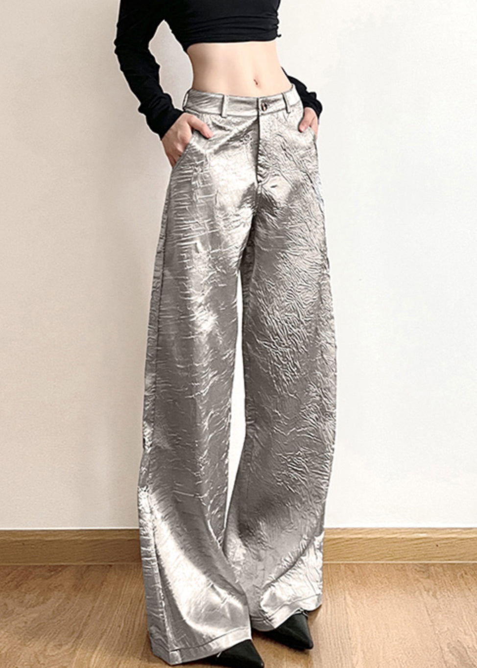 New Silver Pockets High Waist Wide Leg Pants Summer