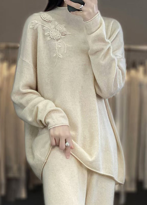 New Simple Beige Embroidered Wool Knit Pullover Spring