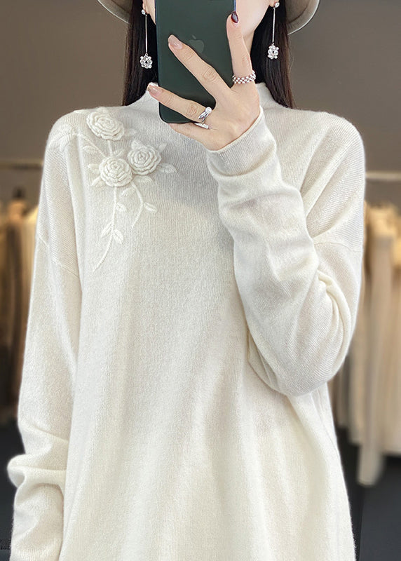 New Simple Beige Embroidered Wool Knit Pullover Spring