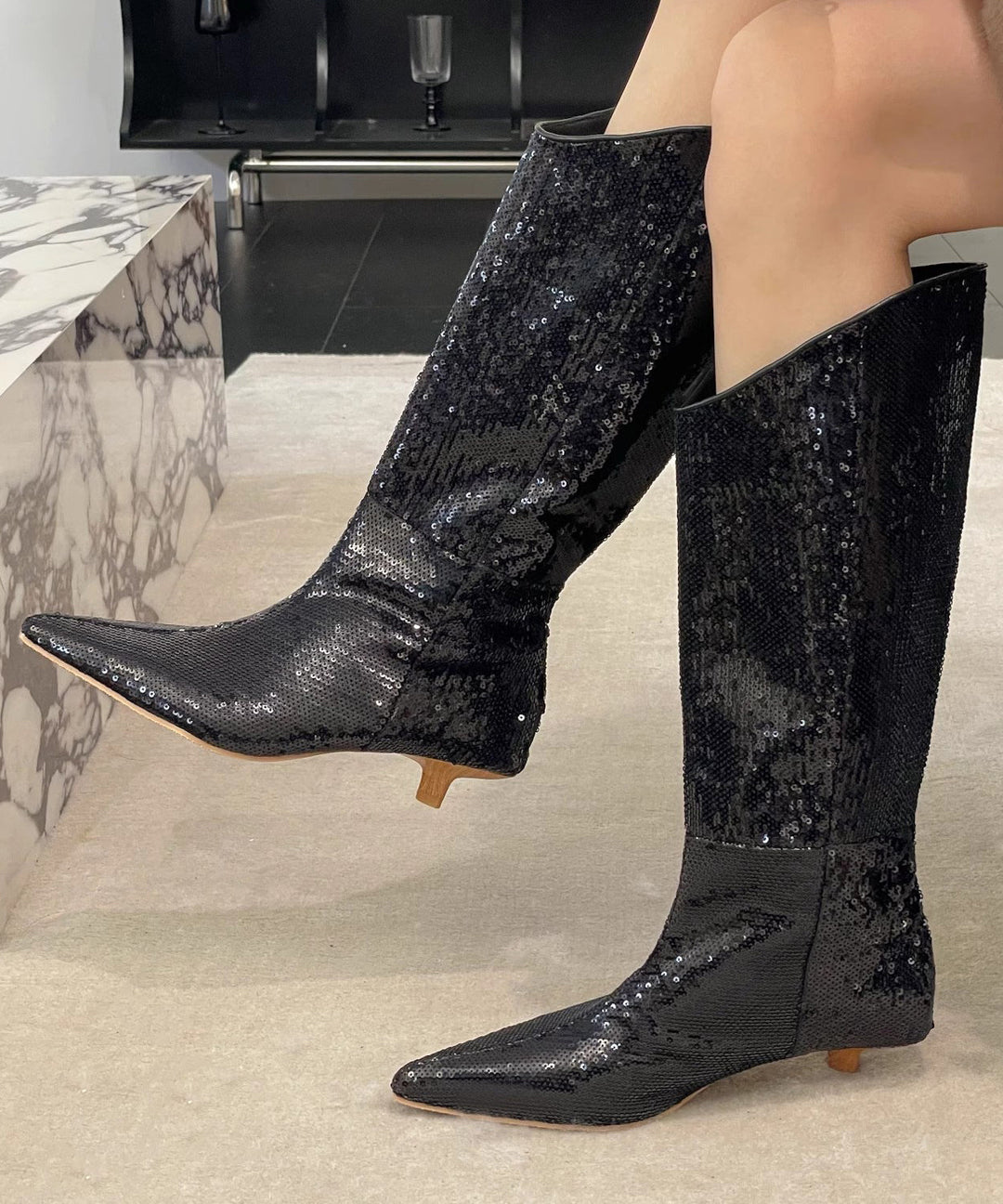 New Stylish Apricot Kitten Heels Sequins Boots