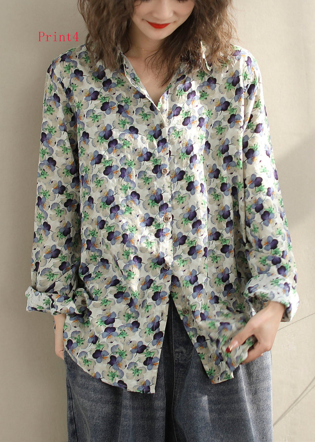 New Versatile Floral Print Peter Pan Collar Cotton Shirt Long Sleeves