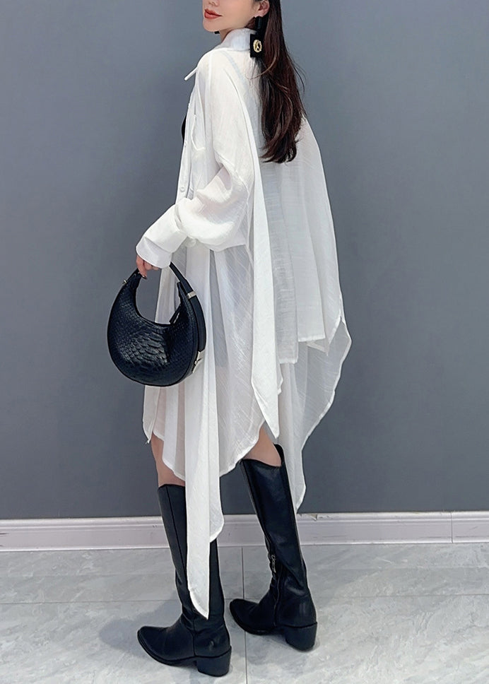 New White Asymmetrical Pockets Cotton Blouse Long Sleeve